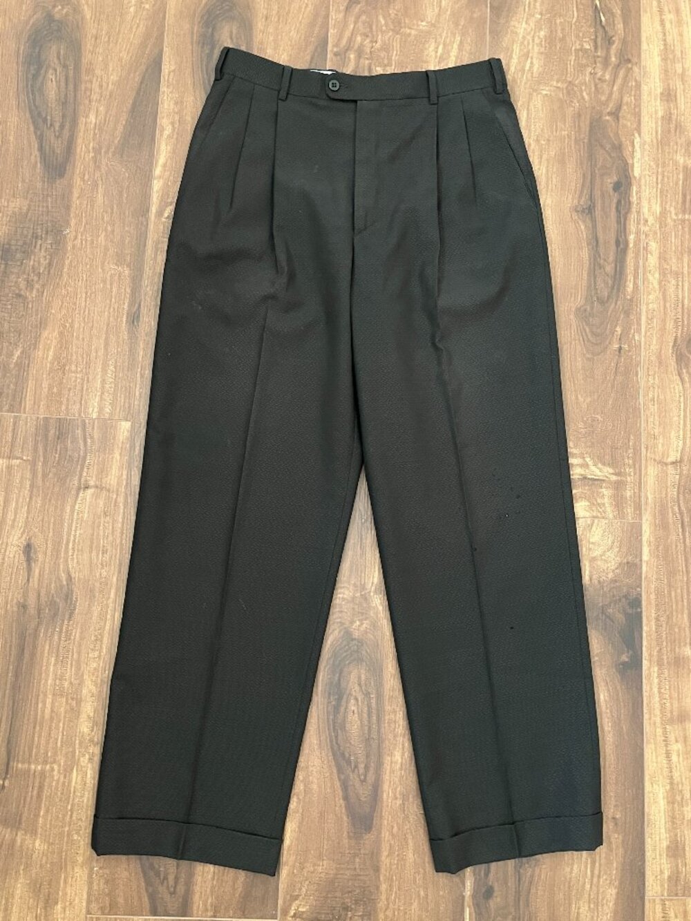 Zanella Austin Black Wool Basketweave Dress Pants Double Pleated Cuffed FLAWED